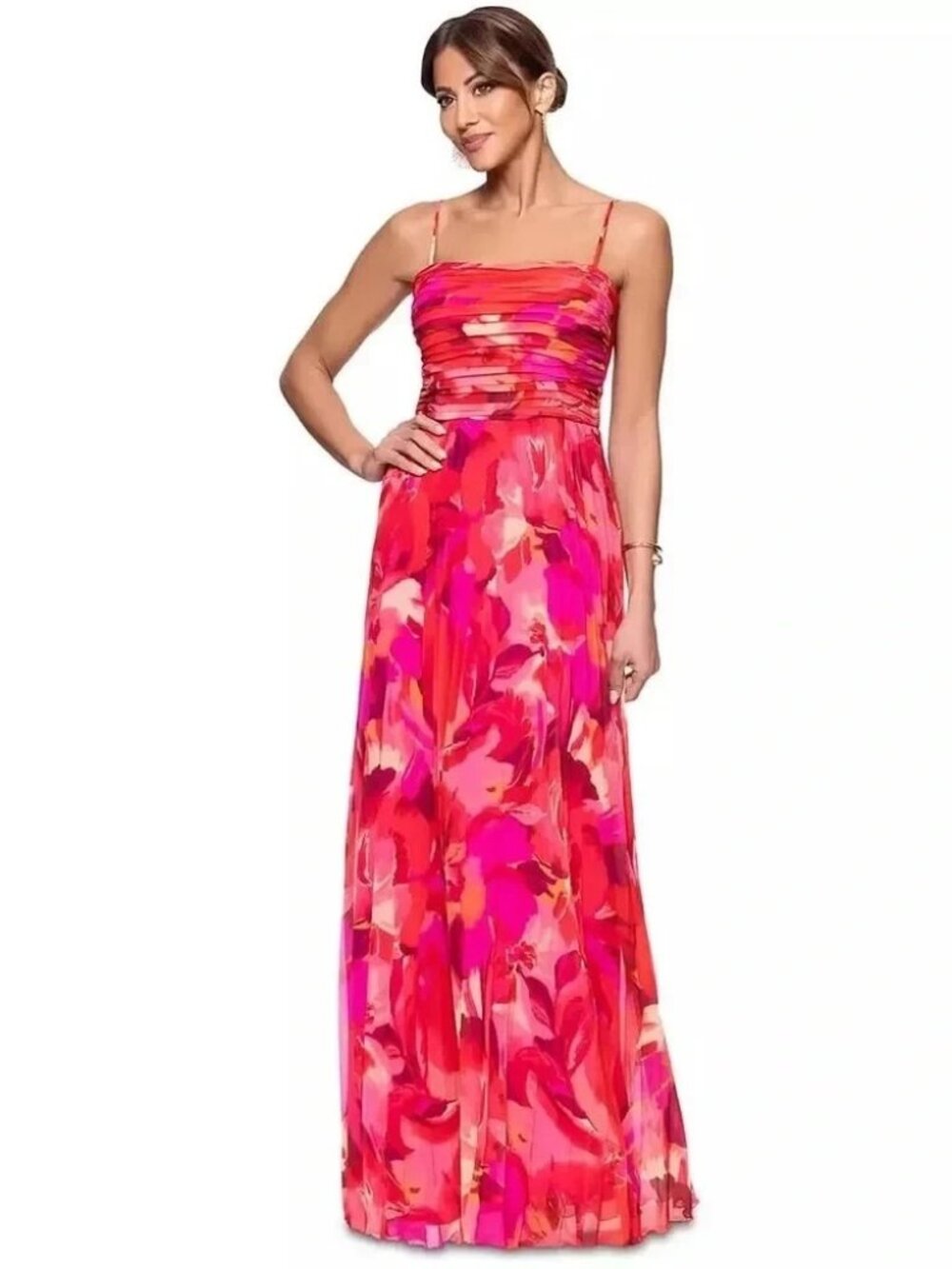 Xscape Fuchsia/Coral Multi Chiffon Sleeveless Pleat-Front Gown